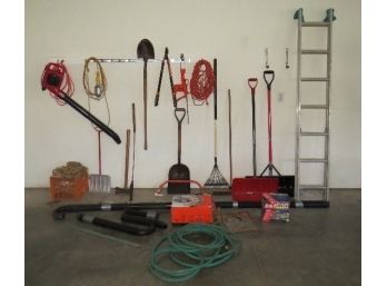 Large Variety Garage Tools Incl. Toro Leaf Blower, B&D Power Saw, Rakes, Ladder, Maul, Hatchet, Loppers & More