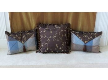 Attractive Trio Of Earth Tone Color Throw Pillows With Fancy Floral Vine Decoration