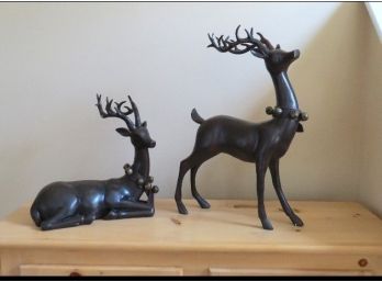 Boxed Two Piece Decorative Resin Figural Deer W/jingle Bell Collars.