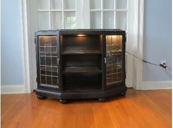 Black Finish Bow Front Solid Wood Console Cabinet With Lighted Interior Shelves
