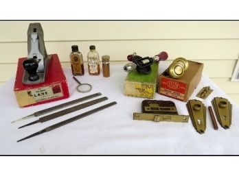 Mixed Lot Of Vintage Tools - Miller Falls Plane W/Box, Orig 1930's Lockset, Tube Full Of 3K Gold Leaf & More