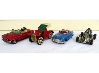 Lot Of 4 Large Sized Japan Friction Tin American Automobiles (3) Plus One Indy Car Style Windup Racer
