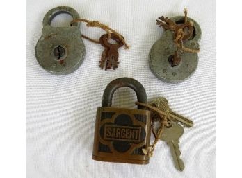 Group Of 3 Vintage Sargent Padlocks - 2 Six Levers And A Brass Lock - With Original Keys For All!