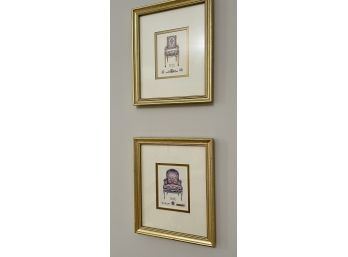 Antique Chair Print (Set Of 2) Matted & Framed