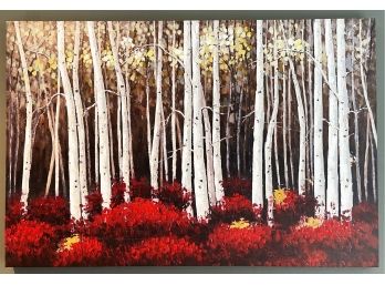 White Birch Canvas Print With Red Ground Covering