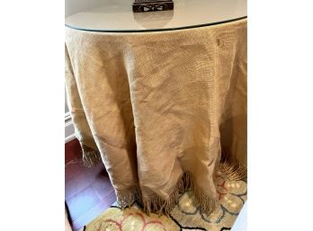 Decorative Side Table With Glass Top And Jute Tablecloth
