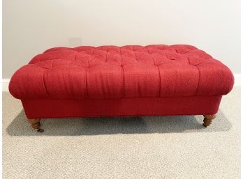 Red Ottoman On Rolling Casters (one Tuft Button Missing)