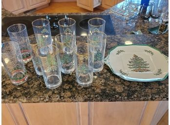 Spode Christmas Glasses, Plate & Candlesticks