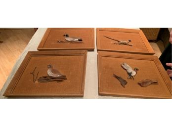 4 Wall Art With Nature Birds Figures, Wood Frames And Burlap Like Background
