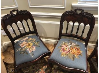 2 Petite Finely Carved Wood And Beautiful Needlepoint Chairs -  Blue Shade - Great Condition