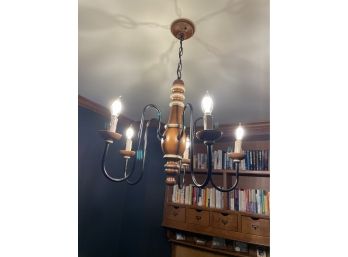 Boys Room Chandelier - 2 Tone Wood Center With 5 Iron Light Branches - Wood Ceiling Canopy