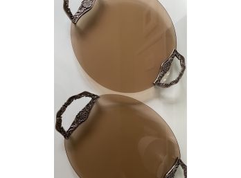 Tinted Glass With Handles Serving Trays - 1 Oval, 1 Round