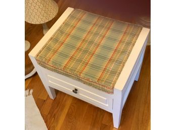 White Cushioned Bench  - Storage Drawer, Plaid Accent Pillow