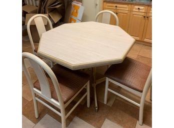 Wood And Formica Hexagon Shaped Kitchen Table  - 42' Hex With 4 Solid Wood And Upholstered Chairs