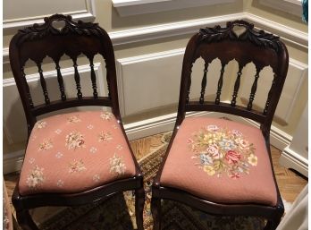 2 Petite Finely Carved Wood And Beautiful Needlepoint Chairs -  Coral Shade - Great Condition