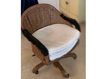 Pottery Barn Swivel Wicker Desk Chair With White Cushion