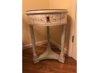 Painted Floral Design - 21' Round Side Table  - With Glass Top Protector - Soft Blue/Green/Ivory Coloration