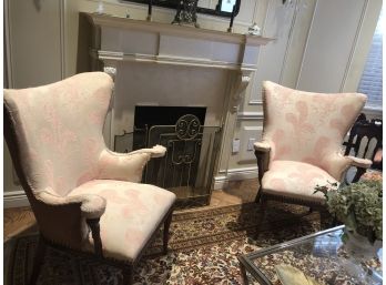 2 Decorator Wing Back Chairs - Nail Heads, Fringe Trim And Coral Velvet Back Design