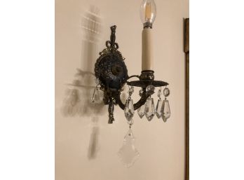 Pair Of One Light Sconces - Brass, Black And Crystal