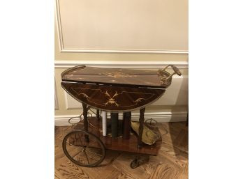 Tea Cart Table With Wheels - Gorgeous Inlay Design, Brass Bottle Holders. Sides Lift Up For Larger Surface