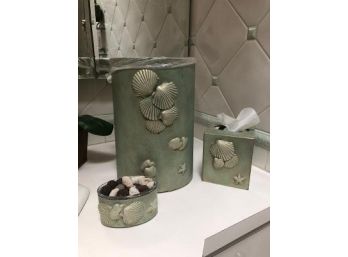 Green  Metal Designer Collection With Shell Accents-  Bathroom Garbage Can , Tissue Dispenser And Soap Holder