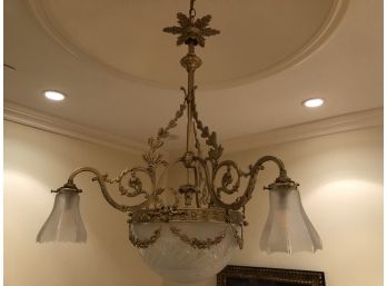 Beautiful Antique Brass And Etched Frosted Glass Chandelier