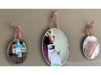 3 Decorative Oval Mirrors Ribbon Bow Design With Pin Dot Pattern Along Sides - Wood And Crystal Hooks To Mount