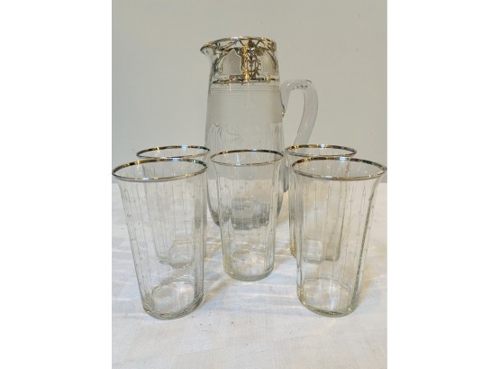 Fostoria Cut Glass Pitcher And Glasses With Silver Trim