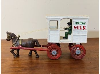 Vintage Fresh Milk Cast Iron Wagon With Horse And Milk Man