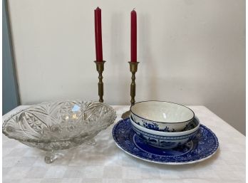 Vintage Cut Glass Footed Bowl, Dishes And Candlesticks