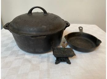 Griswold Tite-Top Dutch Oven, Small Cast Iron Pan  And Small Rooster Dish