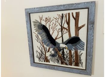 Vintage Crewel Needlepoint Of An Eagle In A Driftwood Frame
