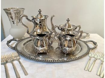 Silver Plated Tea Service, Tray, Forks And Other Accessories