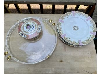 Sevres Covered Dish, Limoges Plates And Glass Cake Plate