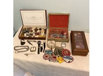 Lot Of Jewelry, Patches, Boxes, And Odds And Ends