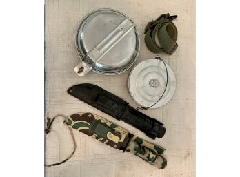 Two Knives With Sheaths, Compass, Mess Gear