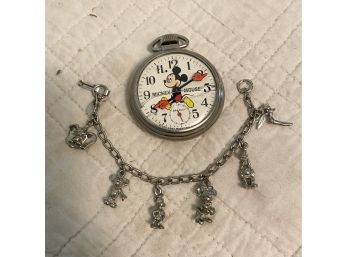 Disney Charm Bracelet And Mickey Mouse Pocket Watch