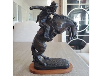 Bronze Cowboy Bronco Buster Horse Statue On Wood Base