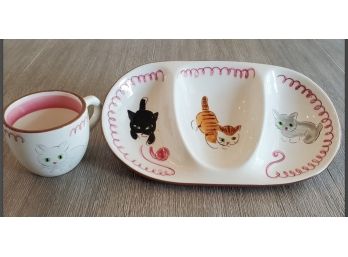 Vintage Stangl Pottery Kitten Capers Sectional Baby's Feeding Dish & Cup