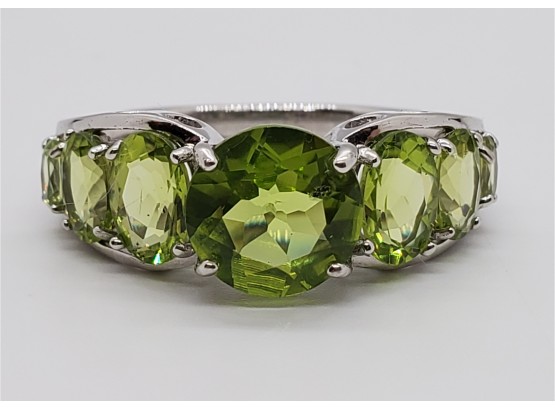 Manchurian Peridot With Two White Diamond Accents, Rhodium Over Sterling Ring
