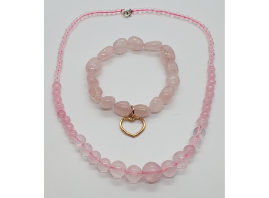 Rose Quartz Bead Necklace & Charm Bracelet