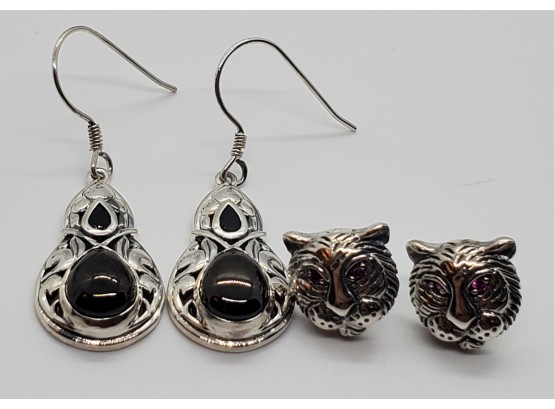 Bali Ruby Earrings & Shungite, Black Spinel Earrings Both In Sterling