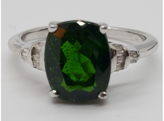 Natural Russian Diopside & Diamond Ring In Platinum Over Sterling