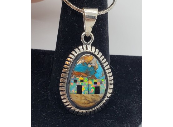 Santa Fe Spiny Turquoise Multi Gemstone Pendant Necklace In Sterling