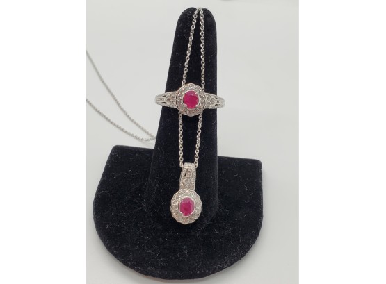Burmese Ruby, Zircon Ring & Pendant Necklace In Platinum Over Sterling