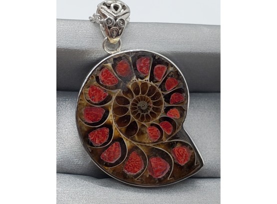 Bali Ammonite Sponge Coral Pendant Necklace In Sterling