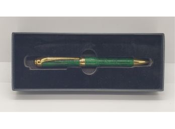 Hand Carved Green Jade Snake Pen In Gold Tone