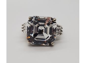 Asscher Cut White Crystal Ring In Platinum Over Sterling