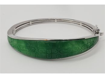 Green Jade Carved Bangle Bracelet In Sterling