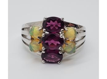 Oval Raspberry Color Rhodolite & Ethiopian Opal Sterling Ring